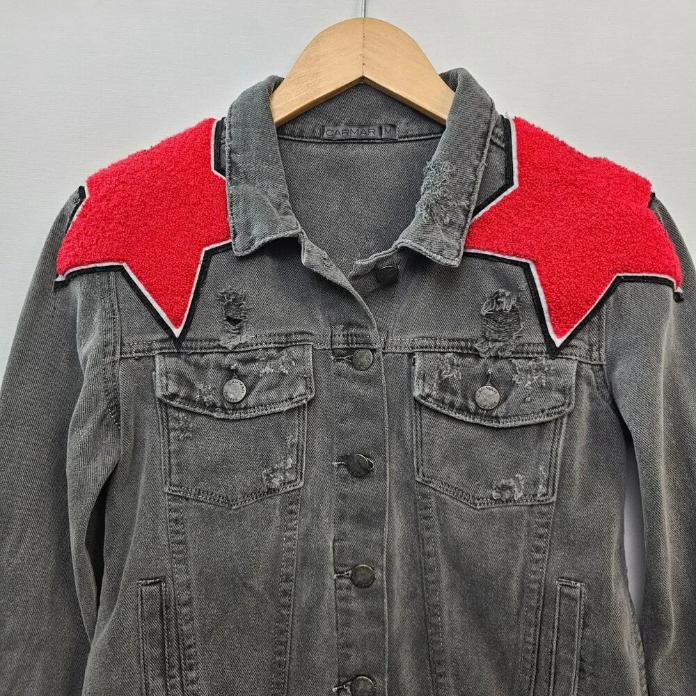 Carmar LF Charcoal Gray Faded Black Denim Jacket Red Star Patches M Distressed - Picture 10 of 11
